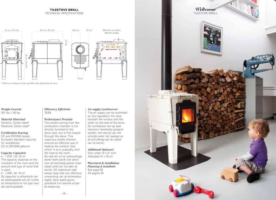 for woodstoves CE en EN13240 gekeurd Capacity Capaciteit 4-7 KW / 50-70 m 3 The capacity depends on the insulation of the room and the amount and type of wood that is used.