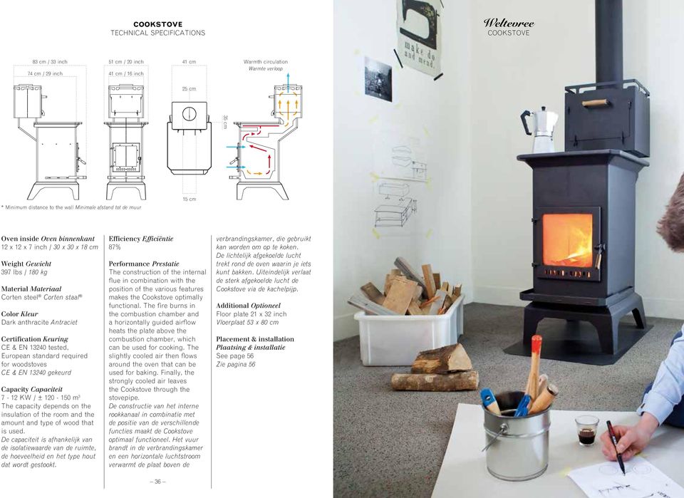 anthracite Antraciet Certification Keuring CE & EN 13240 tested, European standard required for woodstoves CE & EN 13240 gekeurd Capacity Capaciteit 7-12 KW / ± 120-150 m 3 The capacity depends on
