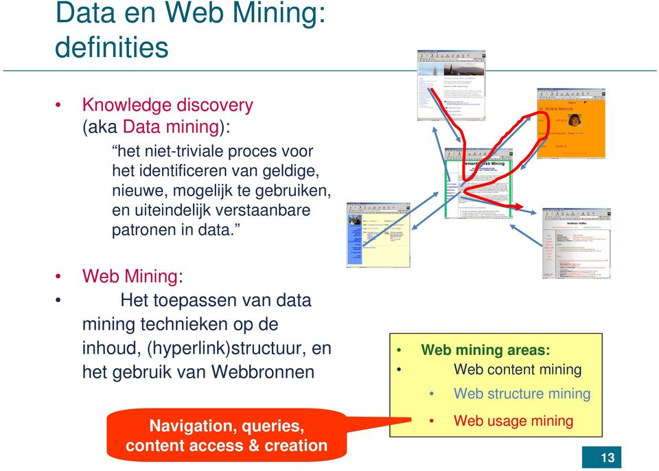 Web Mining: Het toepassen van data mining technieken op de inhoud, (hyperlink)structuur, en het gebruik van
