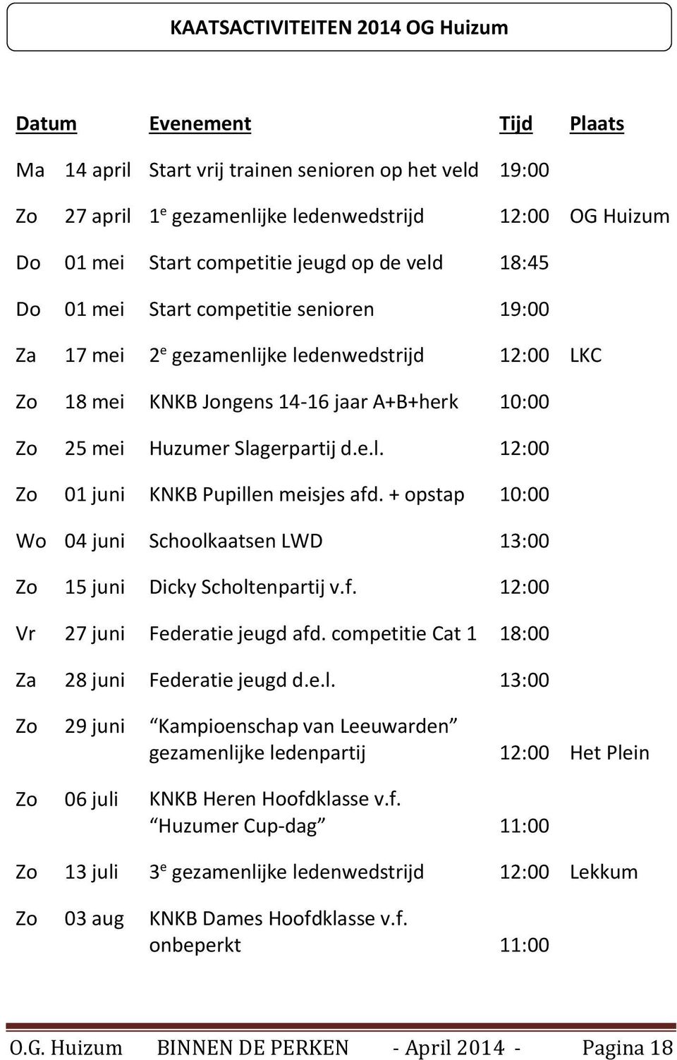 Slagerpartij d.e.l. 12:00 Zo 01 juni KNKB Pupillen meisjes afd. + opstap 10:00 Wo 04 juni Schoolkaatsen LWD 13:00 Zo 15 juni Dicky Scholtenpartij v.f. 12:00 Vr 27 juni Federatie jeugd afd.