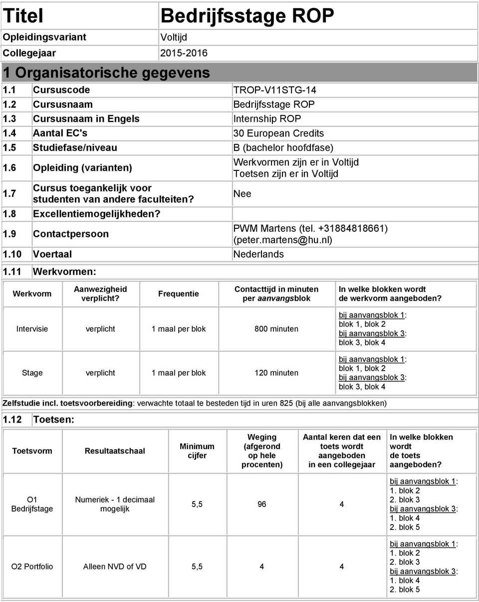 7 Cursus toegankelijk voor studenten van andere faculteiten? 1.8 Excellentieheden? 1.9 Contactpersoon Werkvormen zijn er in Voltijd Toetsen zijn er in Voltijd Nee 1.10 Voertaal Nederlands 1.