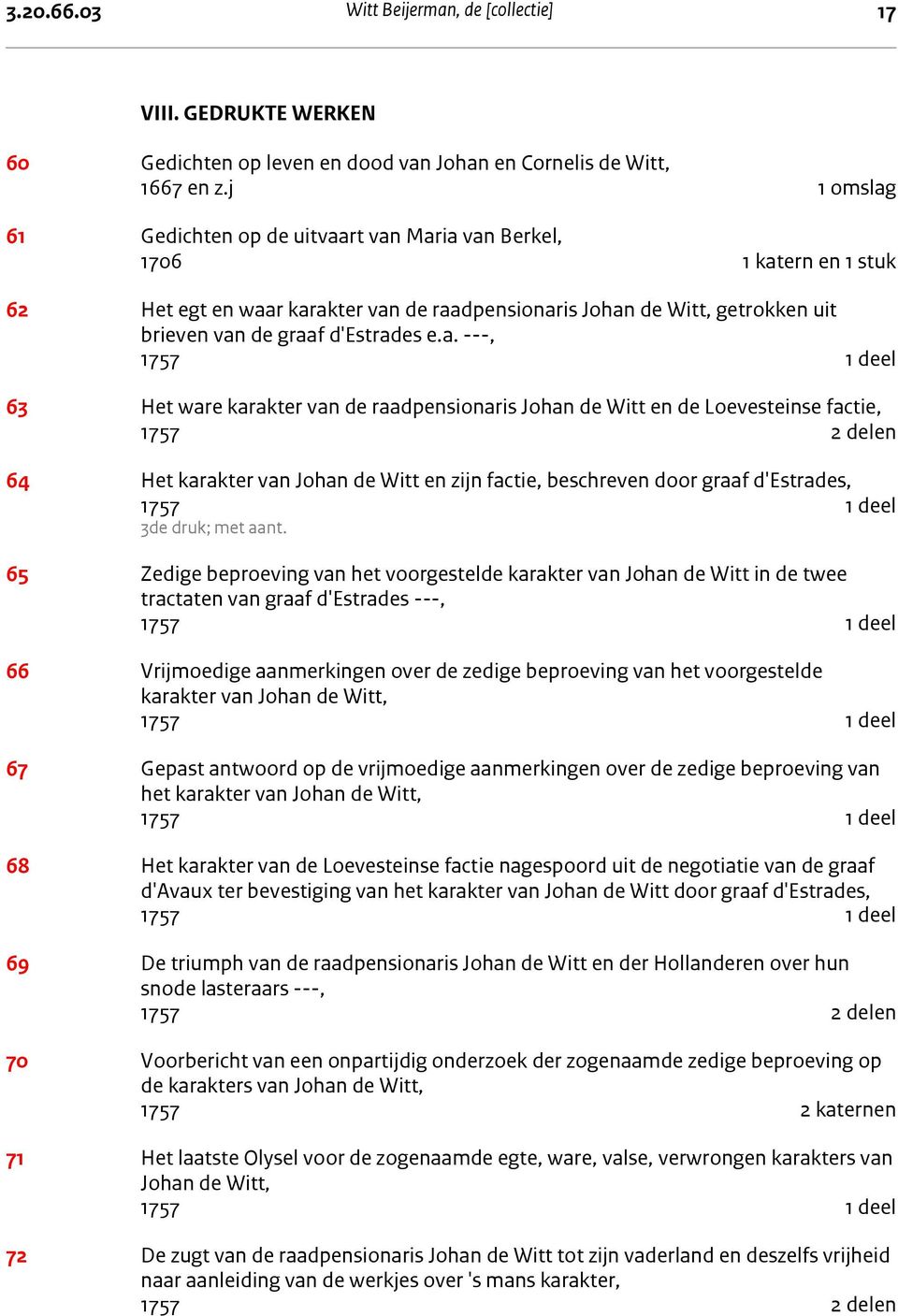a. ---, 1757 1 deel 63 Het ware karakter van de raadpensionaris Johan de Witt en de Loevesteinse factie, 1757 2 delen 64 Het karakter van Johan de Witt en zijn factie, beschreven door graaf