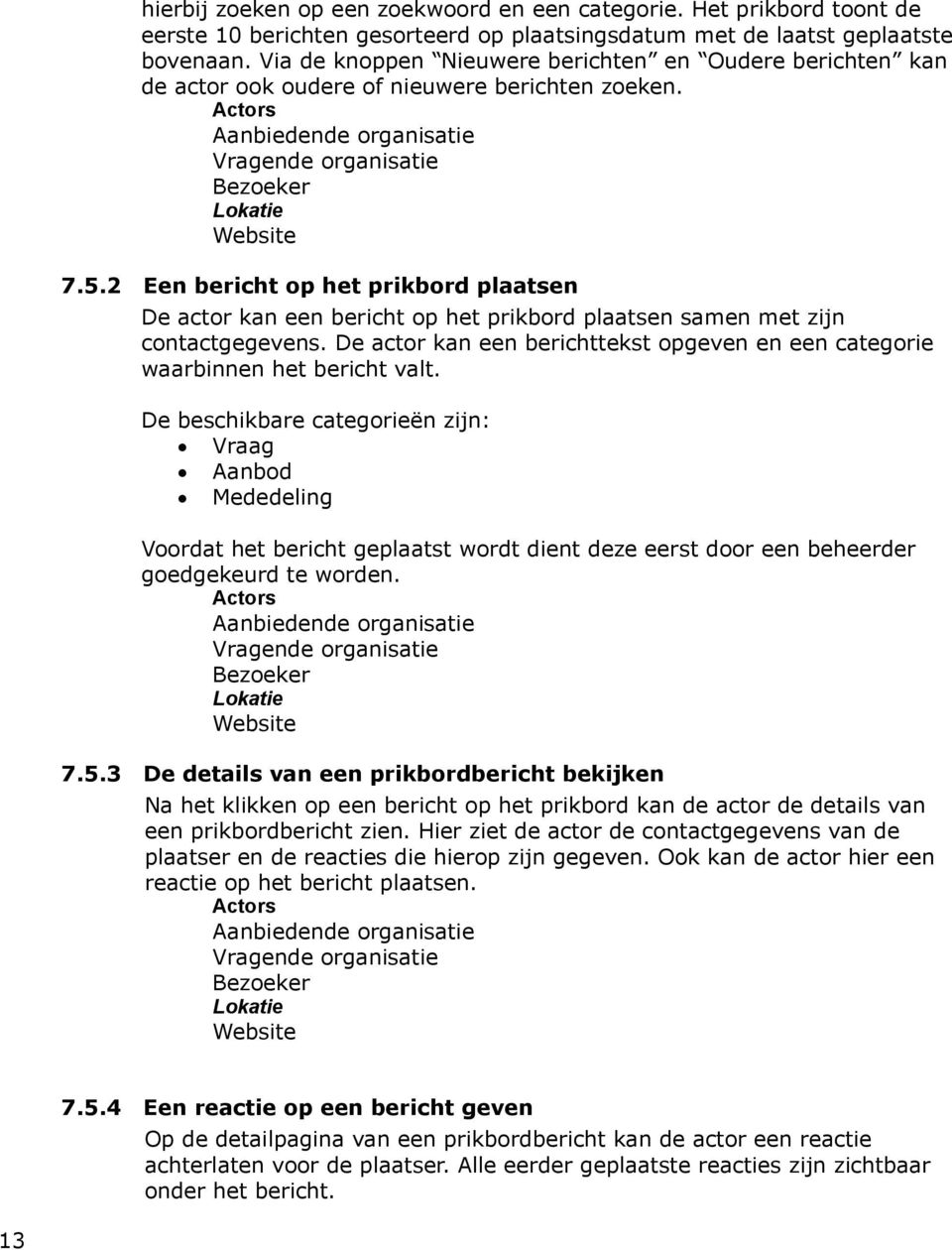 2 Een bericht op het prikbord plaatsen De actor kan een bericht op het prikbord plaatsen samen met zijn contactgegevens.