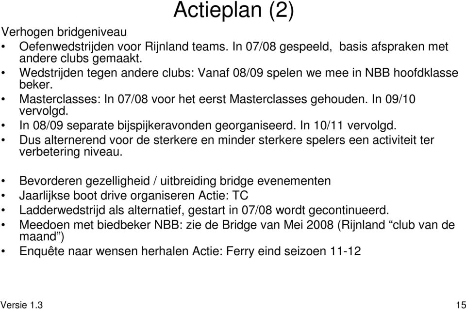 In 08/09 separate bijspijkeravonden georganiseerd. In 10/11 vervolgd. Dus alternerend voor de sterkere en minder sterkere spelers een activiteit ter verbetering niveau.