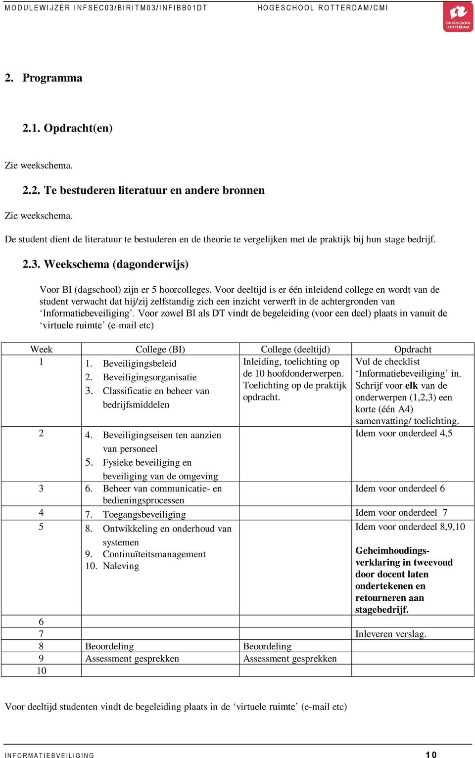 Voor deeltijd is er één inleidend college en wordt van de student verwacht dat hij/zij zelfstandig zich een inzicht verwerft in de achtergronden van Informatiebeveiliging.