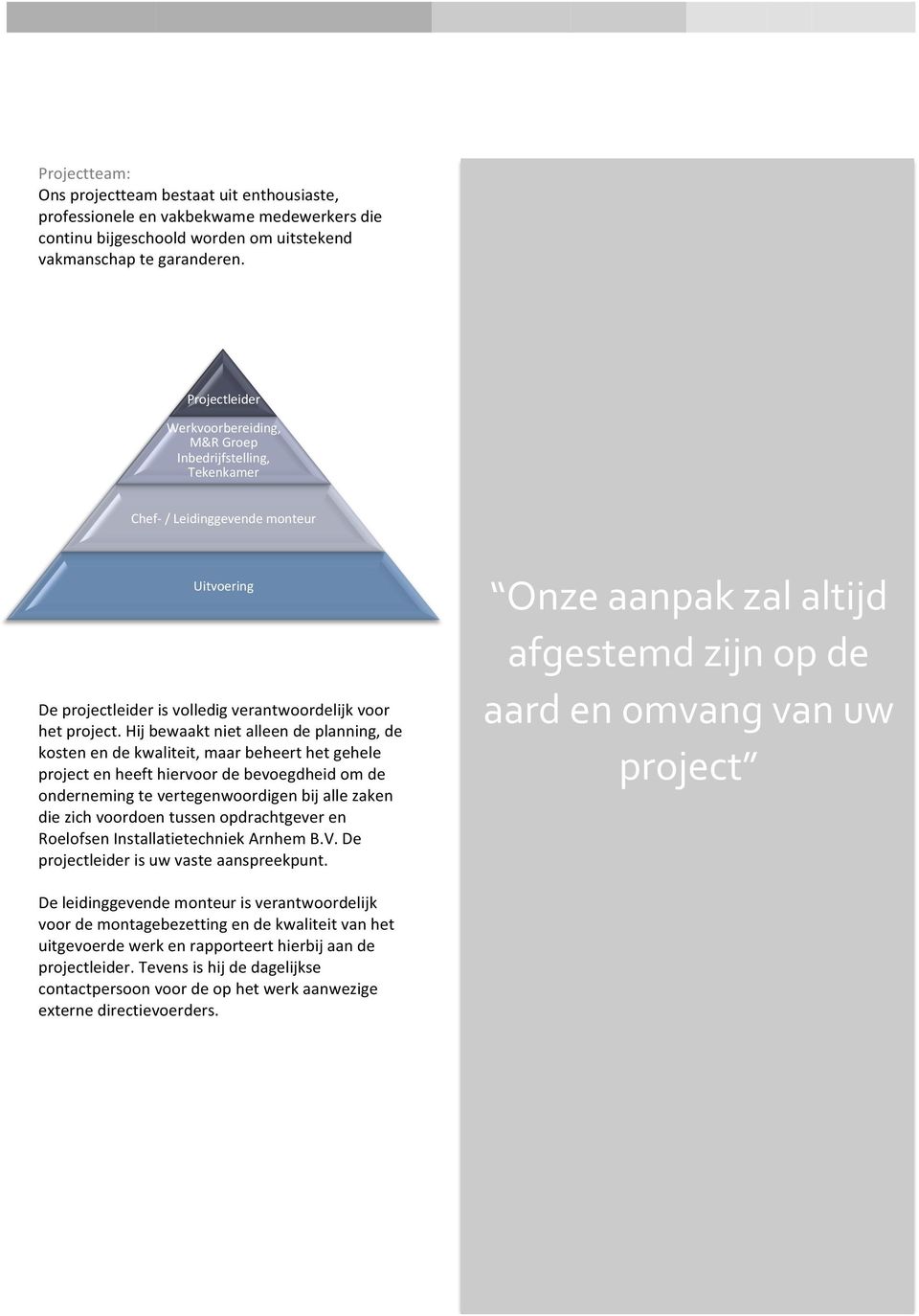 Hij bewaakt niet alleen de planning, de kosten en de kwaliteit, maar beheert het gehele project en heeft hiervoor de bevoegdheid om de onderneming te vertegenwoordigen bij alle zaken die zich