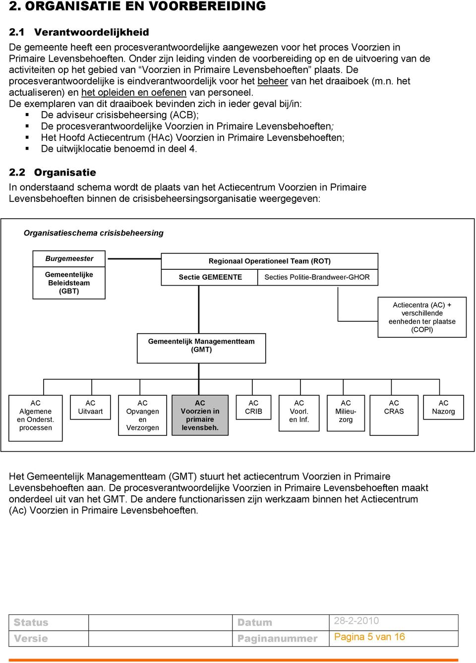 De procesverantwoordelijke is eindverantwoordelijk voor het beheer van het draaiboek (m.n. het actualiseren) en het opleiden en oefenen van personeel.