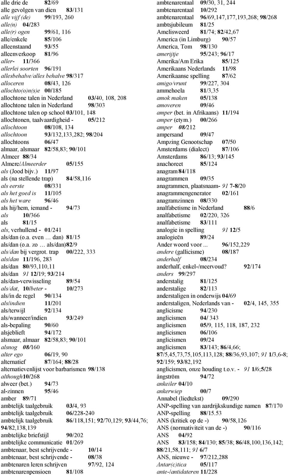 school 03/101, 148 allochtonen, taalvaardigheid - 05/212 allochtoon 08/108, 134 allochtoon 93/132,133,282; 98/204 allochtoons 06/47 almaar, alsmaar 82/58,83; 90/101 Almeer 88/34 Almere/Almeerder