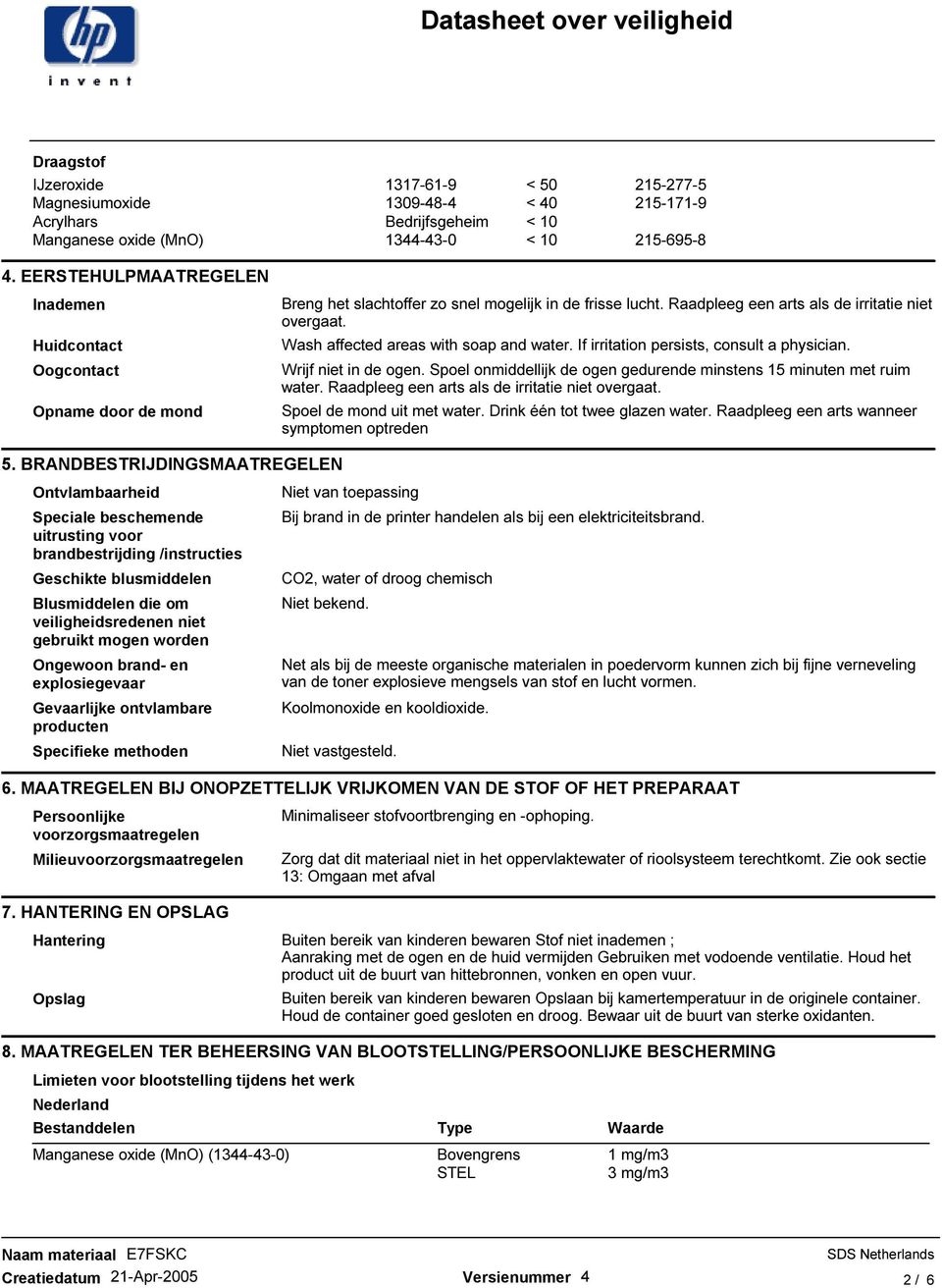 Wash affected areas with soap and water. If irritation persists, consult a physician. Wrijf niet in de ogen. Spoel onmiddellijk de ogen gedurende minstens 15 minuten met ruim water.