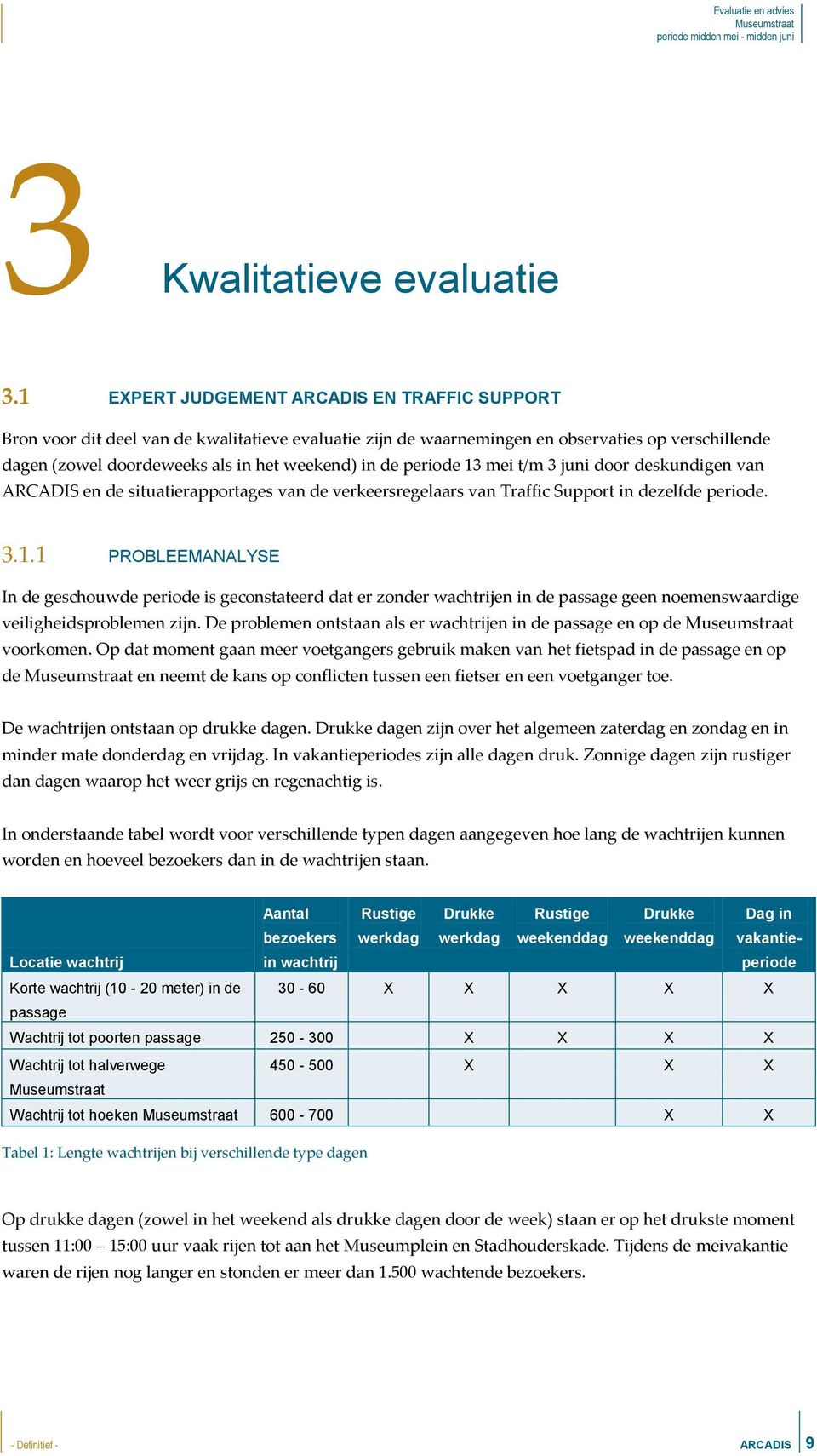 periode 13 mei t/m 3 juni door deskundigen van ARCADIS en de situatierapportages van de verkeersregelaars van Traffic Support in dezelfde periode. 3.1.1 PROBLEEMANALYSE In de geschouwde periode is geconstateerd dat er zonder wachtrijen in de passage geen noemenswaardige veiligheidsproblemen zijn.