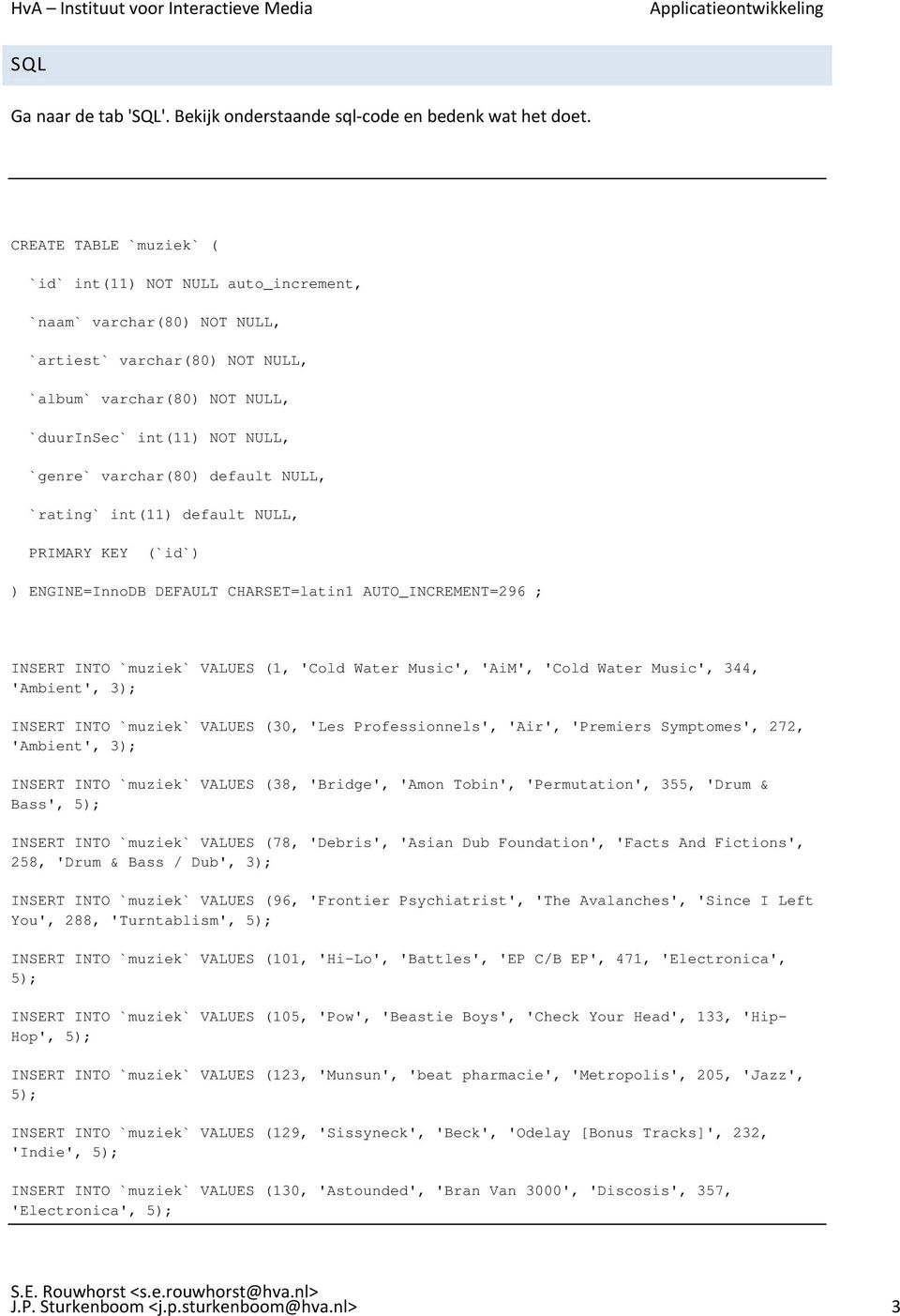 varchar(80) default NULL, `rating` int(11) default NULL, PRIMARY KEY (`id`) ) ENGINE=InnoDB DEFAULT CHARSET=latin1 AUTO_INCREMENT=296 ; INSERT INTO `muziek` VALUES (1, 'Cold Water Music', 'AiM',