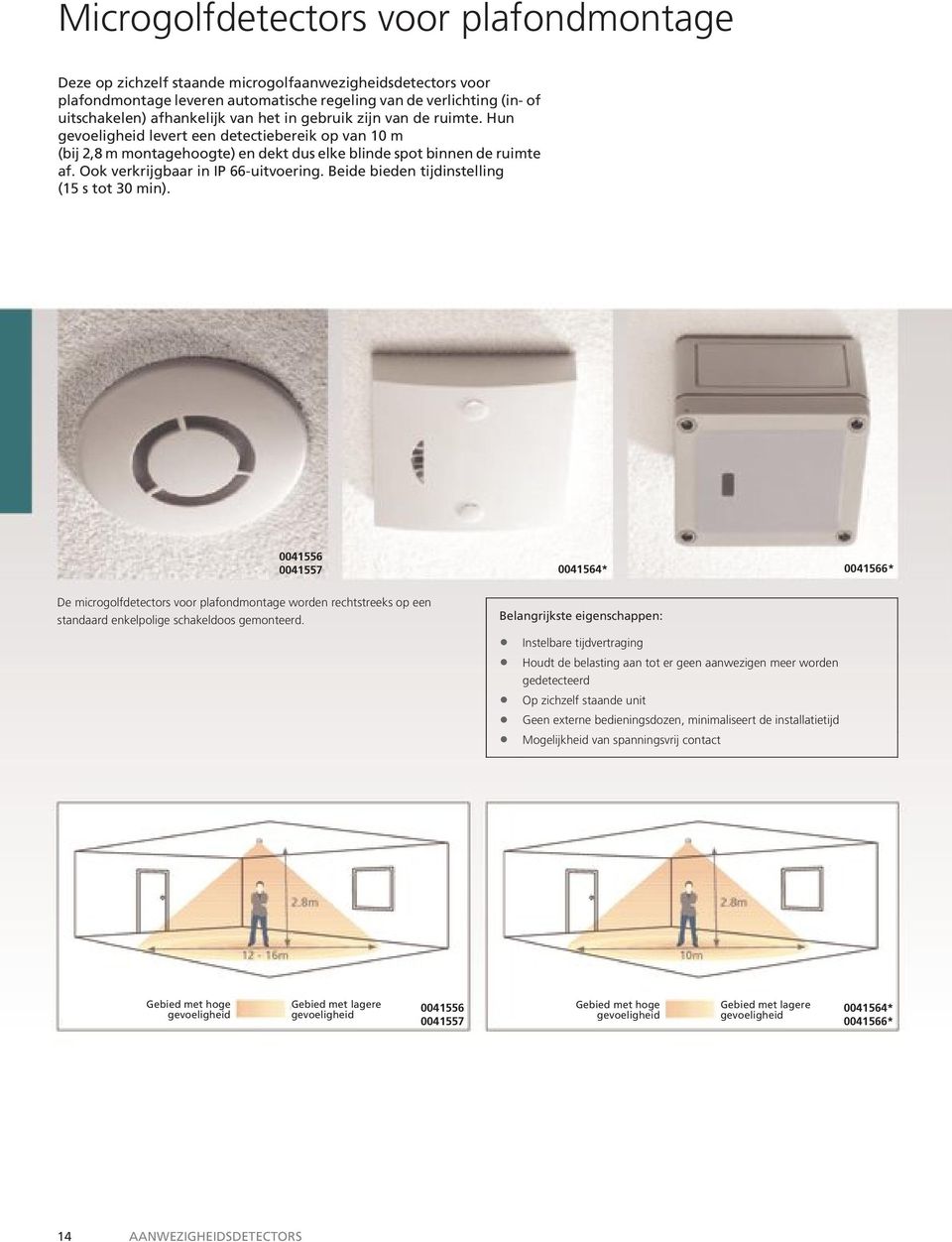 Beide bieden tijdinstelling (15 s tot 30 min). 0041556 0041557 0041564* 0041566* De microgolfdetectors voor plafondmontage worden rechtstreeks op een standaard enkelpolige schakeldoos gemonteerd.