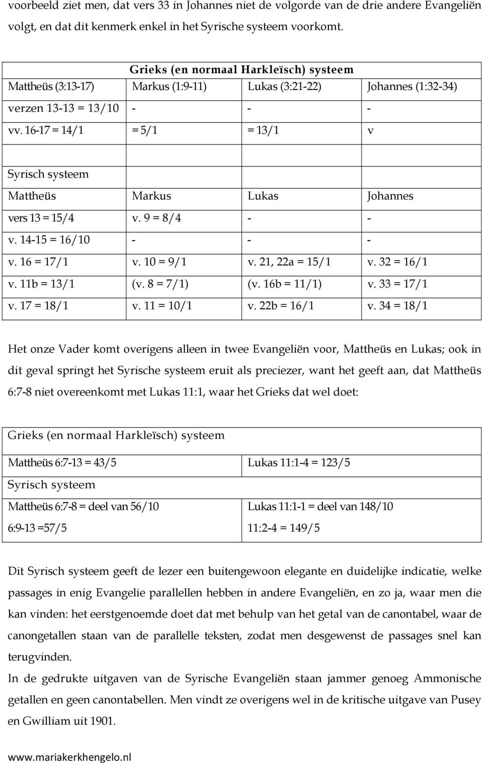 16-17 = 14/1 = 5/1 = 13/1 v Syrisch systeem Mattheüs Markus Lukas Johannes vers 13 = 15/4 v. 9 = 8/4 - - v. 14-15 = 16/10 - - - v. 16 = 17/1 v. 10 = 9/1 v. 21, 22a = 15/1 v. 32 = 16/1 v.