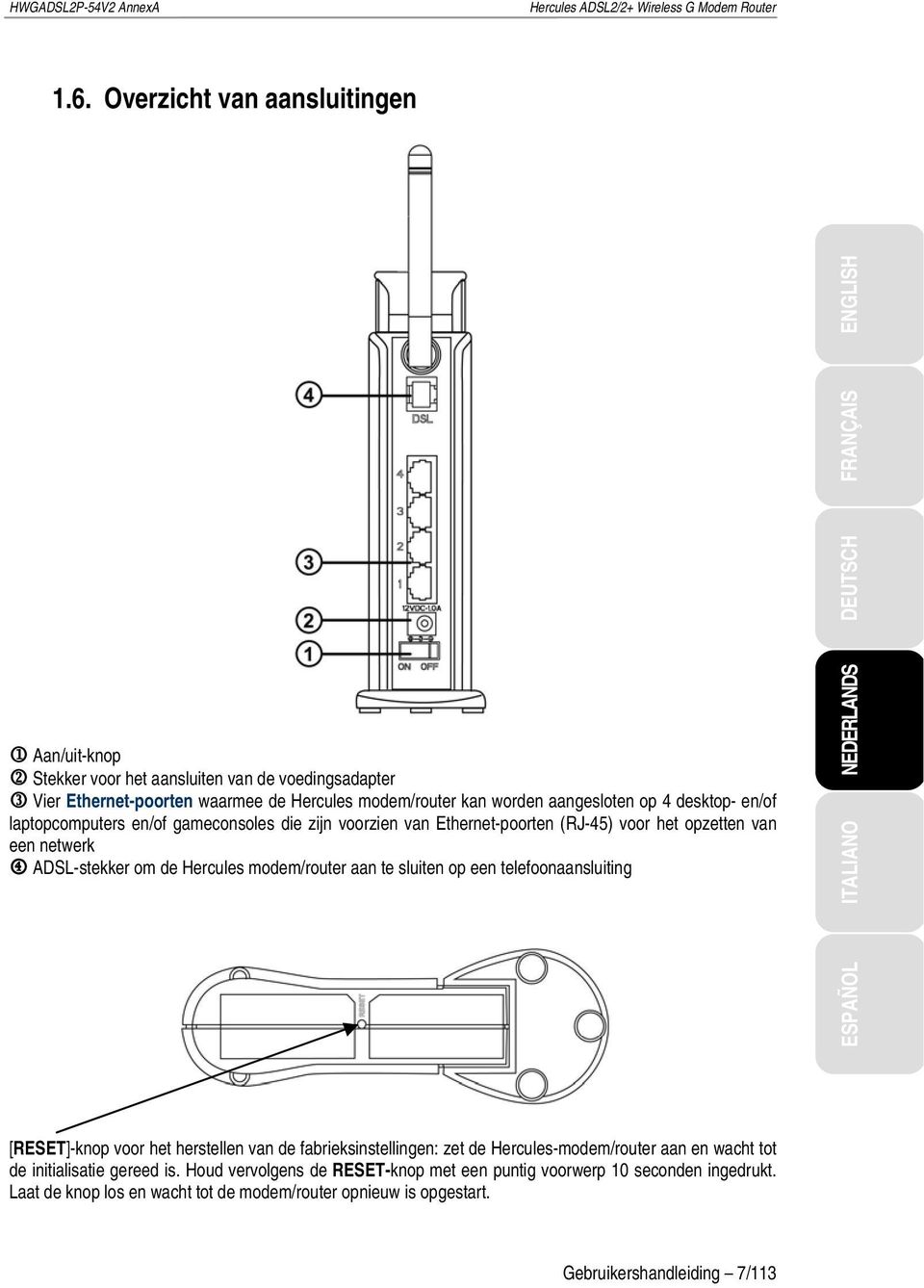 ADSL-stekker om de Hercules modem/router aan te sluiten op een telefoonaansluiting [RESET]-knop voor het herstellen van de fabrieksinstellingen: zet de Hercules-modem/router aan en wacht tot