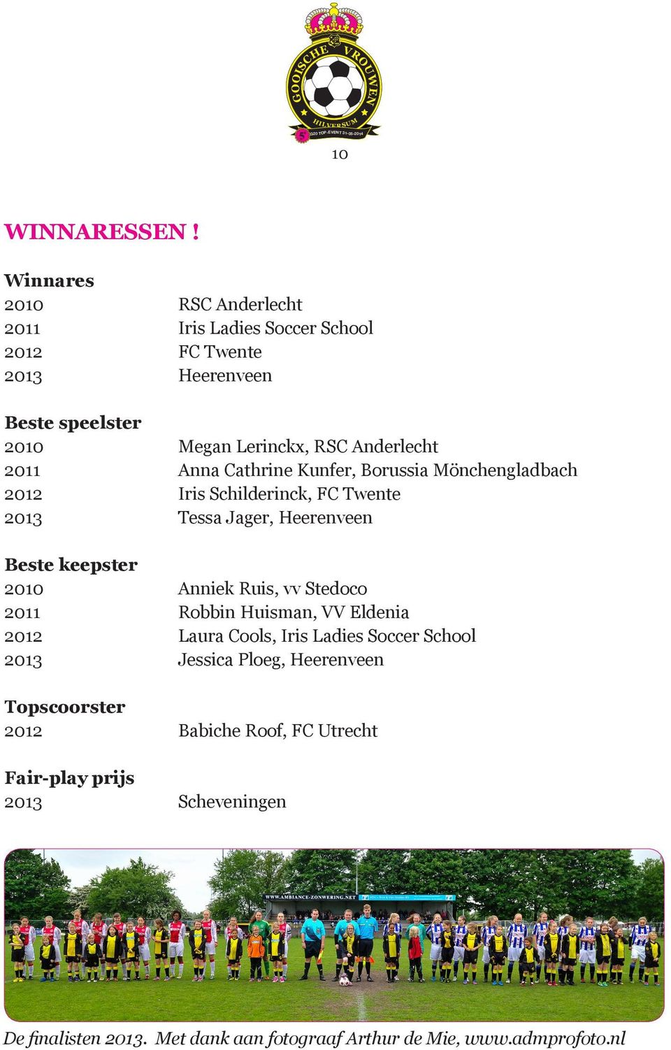 2011 Anna Cathrine Kunfer, Borussia Mönchengladbach 2012 Iris Schilderinck, FC Twente 2013 Tessa Jager, Heerenveen Beste keepster 2010 Anniek