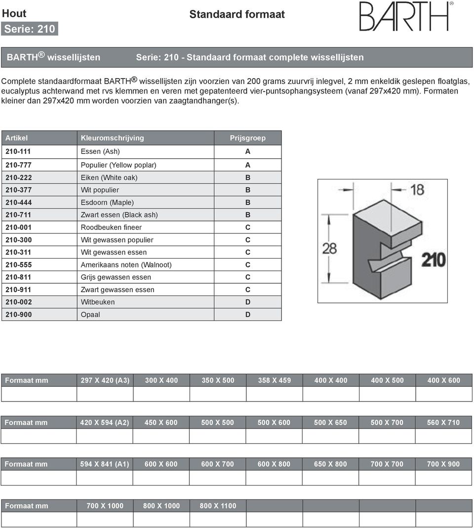 Artikel Kleuromschrijving Prijsgroep 210-111 Essen (Ash) A 210-777 Populier (Yellow poplar) A 210-222 Eiken (White oak) B 210-377 Wit populier B 210-444 Esdoorn (Maple) B 210-711 Zwart essen (Black