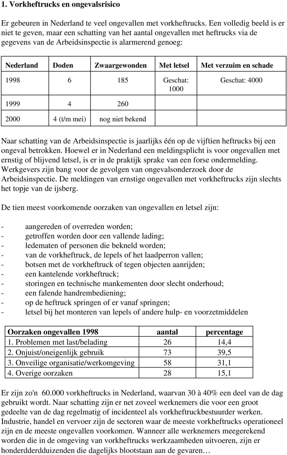 letsel Met verzuim en schade 1998 6 185 Geschat: 1000 Geschat: 4000 1999 4 260 2000 4 (t/m mei) nog niet bekend Naar schatting van de Arbeidsinspectie is jaarlijks één op de vijftien heftrucks bij