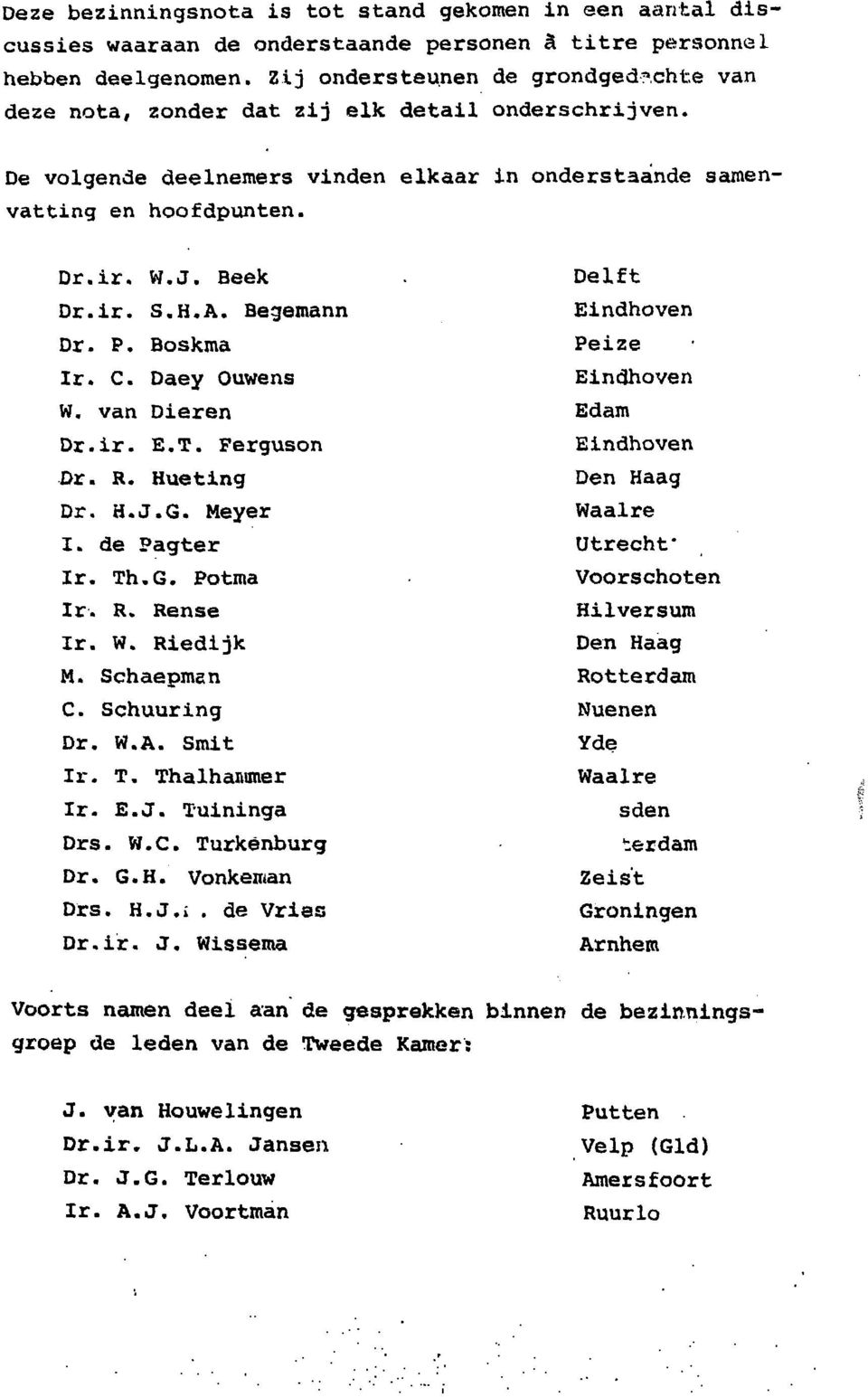 H.A. Begemann Dr. P. Boskma Ir. C. Daey Ouwens W. van Dieren Dr.ir. E.T. Ferguson Dr. R. Hueting Dr. H.J.G. Meyer I. de Pagter Ir. Th.G. Potma Ir. R. Rense Ir. W. Riedijk M. Schaepmsn C. Schuuring Dr.