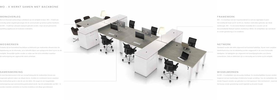 De MO X tafel kan uiteraard vrijstaand gebruikt worden, maar ook als permanente opstelling opgebouwd uit modulaire onderdelen.