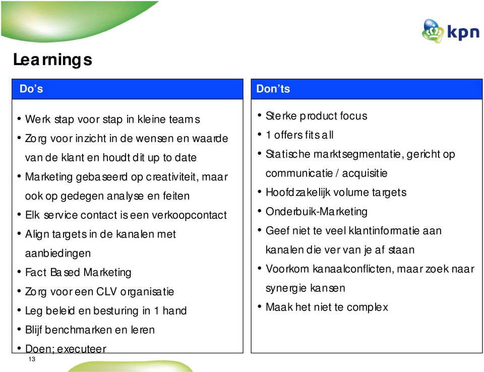 besturing in 1 hand Don ts Sterke product focus 1 offers fits all Statische marktsegmentatie, gericht op communicatie / acquisitie Hoofd zakelijk volume ta rgets Onderbuik-Marketing