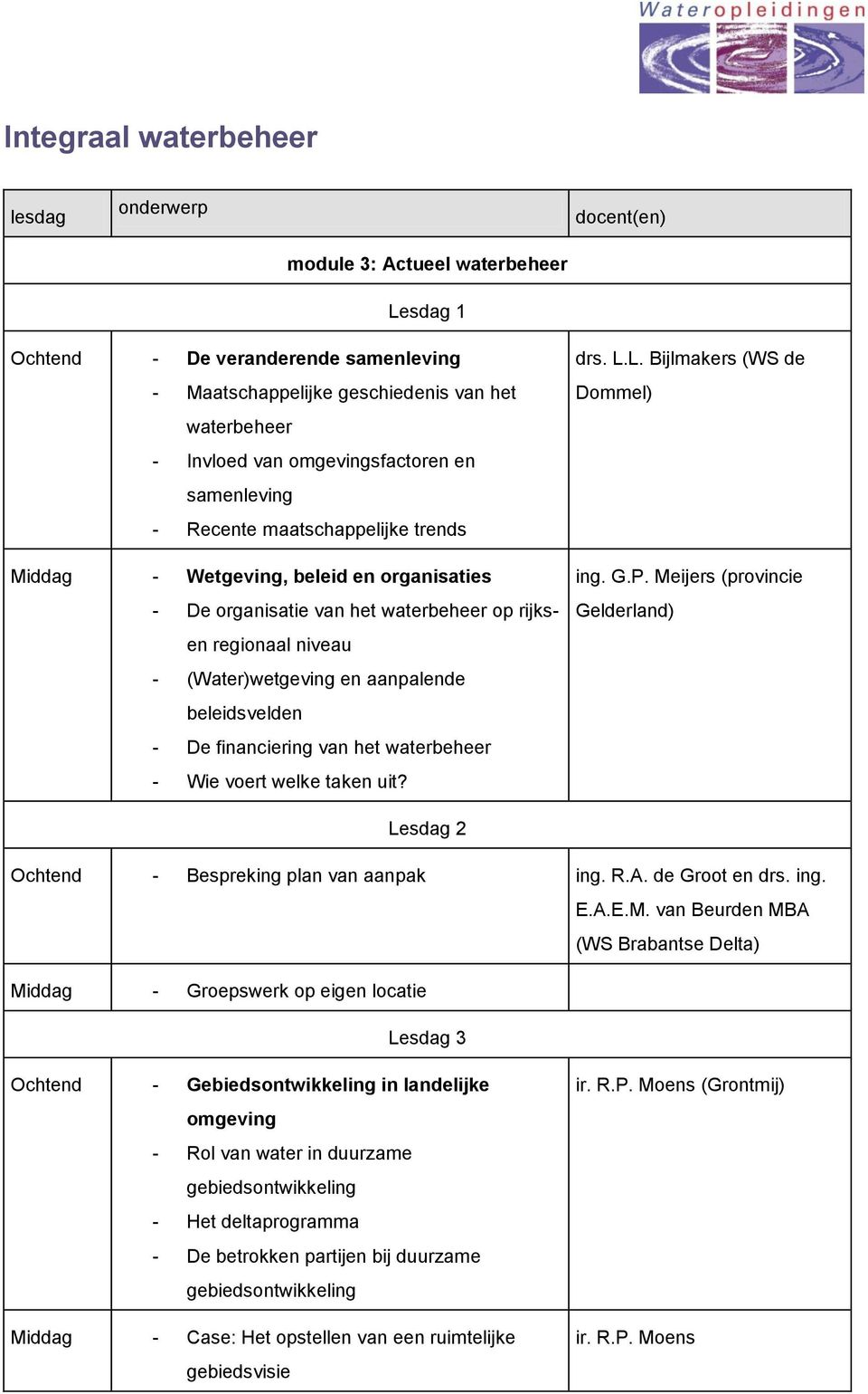 beleidsvelden - De financiering van het waterbeheer - Wie voert welke taken uit? drs. L.L. Bijlmakers (WS de Dommel) ing. G.P.