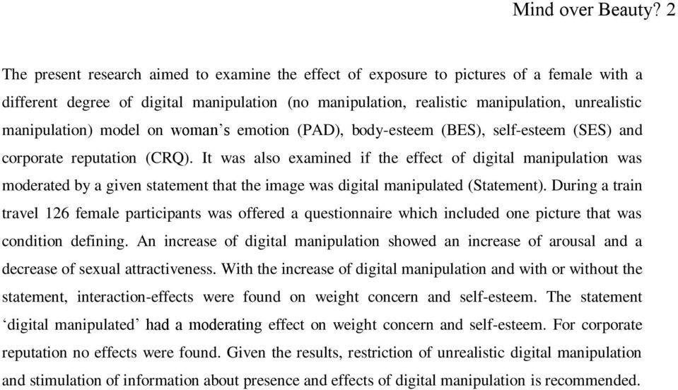 manipulation) model on woman s emotion (PAD), body-esteem (BES), self-esteem (SES) and corporate reputation (CRQ).