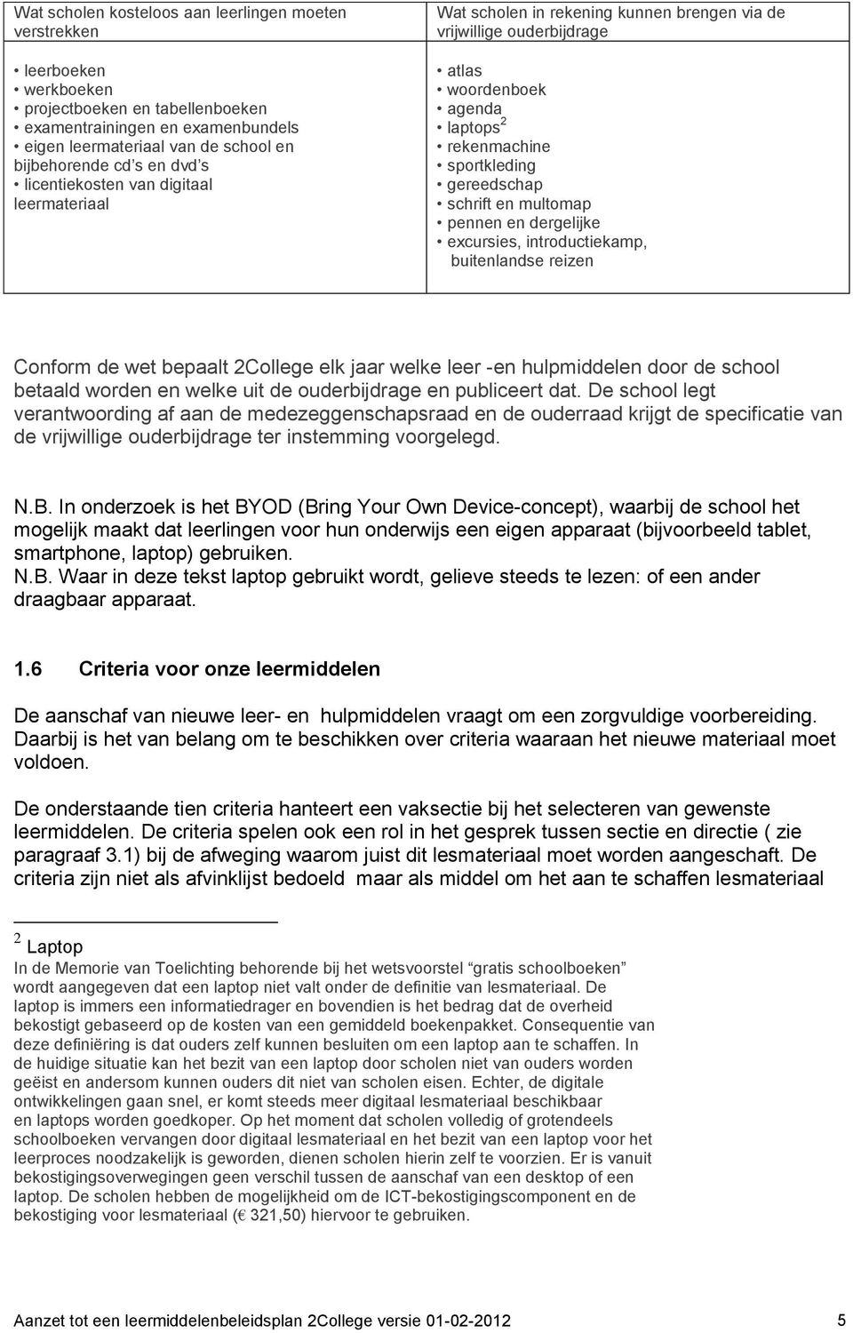 sportkleding gereedschap schrift en multomap pennen en dergelijke excursies, introductiekamp, buitenlandse reizen Wat scholen in rekening kunnen brengen ouderbijdrage Conform de wet bepaalt 2College