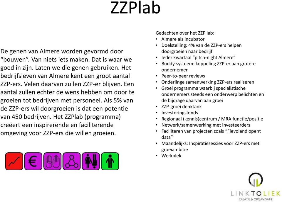 Als 5% van de ZZP-ers wil doorgroeien is dat een potentie van 450 bedrijven. Het ZZPlab (programma) creëert een inspirerende en faciliterende omgeving voor ZZP-ers die willen groeien.