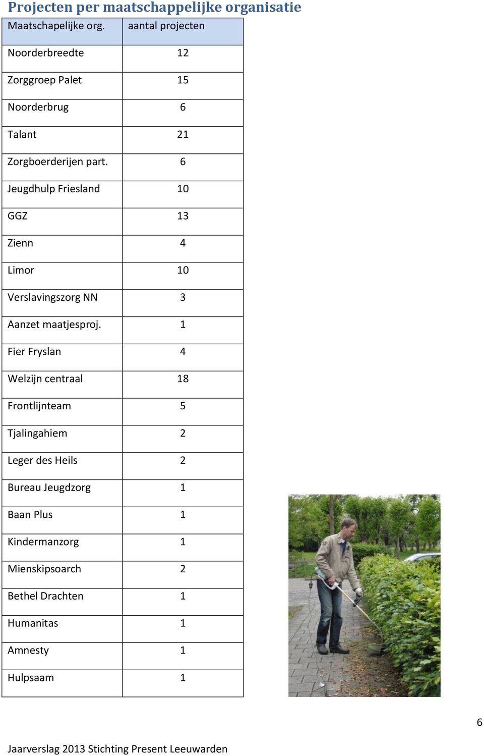 6 Jeugdhulp Friesland 10 GGZ 13 Zienn 4 Limor 10 Verslavingszorg NN 3 Aanzet maatjesproj.