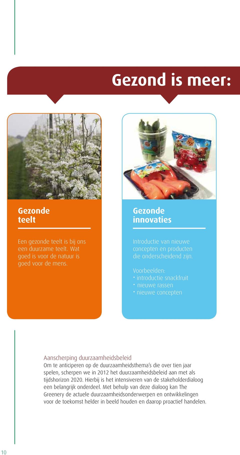 Voorbeelden: introductie snackfruit nieuwe rassen nieuwe concepten Aanscherping duurzaamheidsbeleid Om te anticiperen op de duurzaamheidsthema s die over tien jaar spelen,