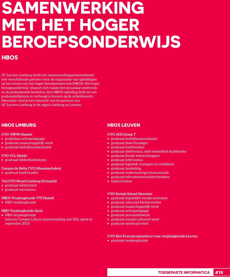 Een HBO5-opleiding leidt tot een graduaatsdiploma en verhoogt je kansen op de arbeidsmarkt. Hieronder vind je het overzicht van de partners van UC Leuven-Limburg in de regio s Limburg en Leuven.