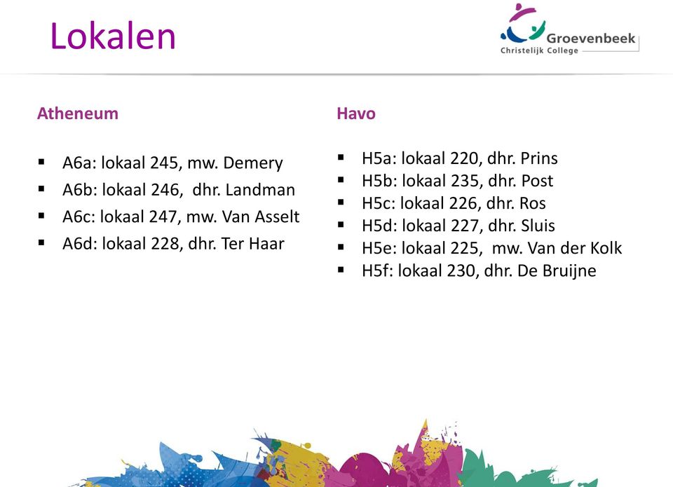 Ter Haar Havo H5a: lokaal 220, dhr. Prins H5b: lokaal 235, dhr.