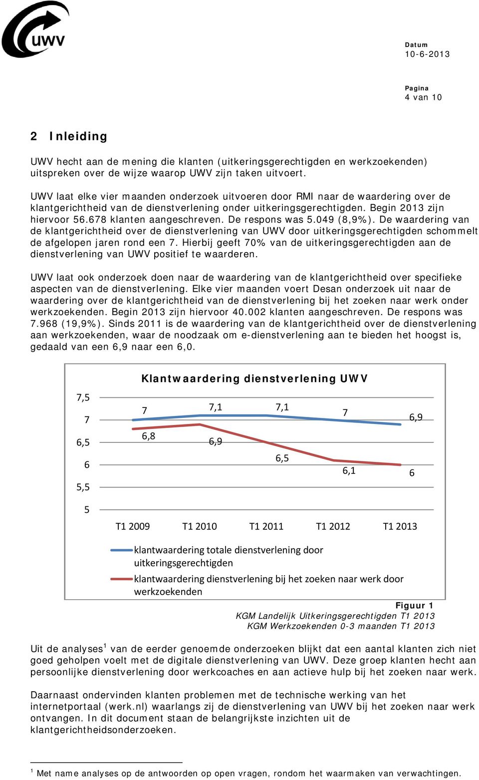 678 klanten aangeschreven. De respons was 5.049 (8,9%). De waardering van de klantgerichtheid over de dienstverlening van UWV door uitkeringsgerechtigden schommelt de afgelopen jaren rond een 7.