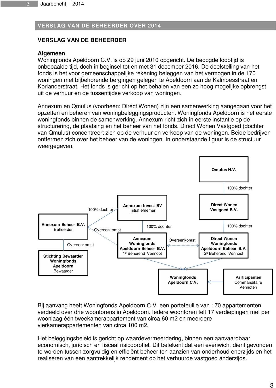 De doelstelling van het fonds is het voor gemeenschappelijke rekening beleggen van het vermogen in de 170 woningen met bijbehorende bergingen gelegen te Apeldoorn aan de Kalmoesstraat en