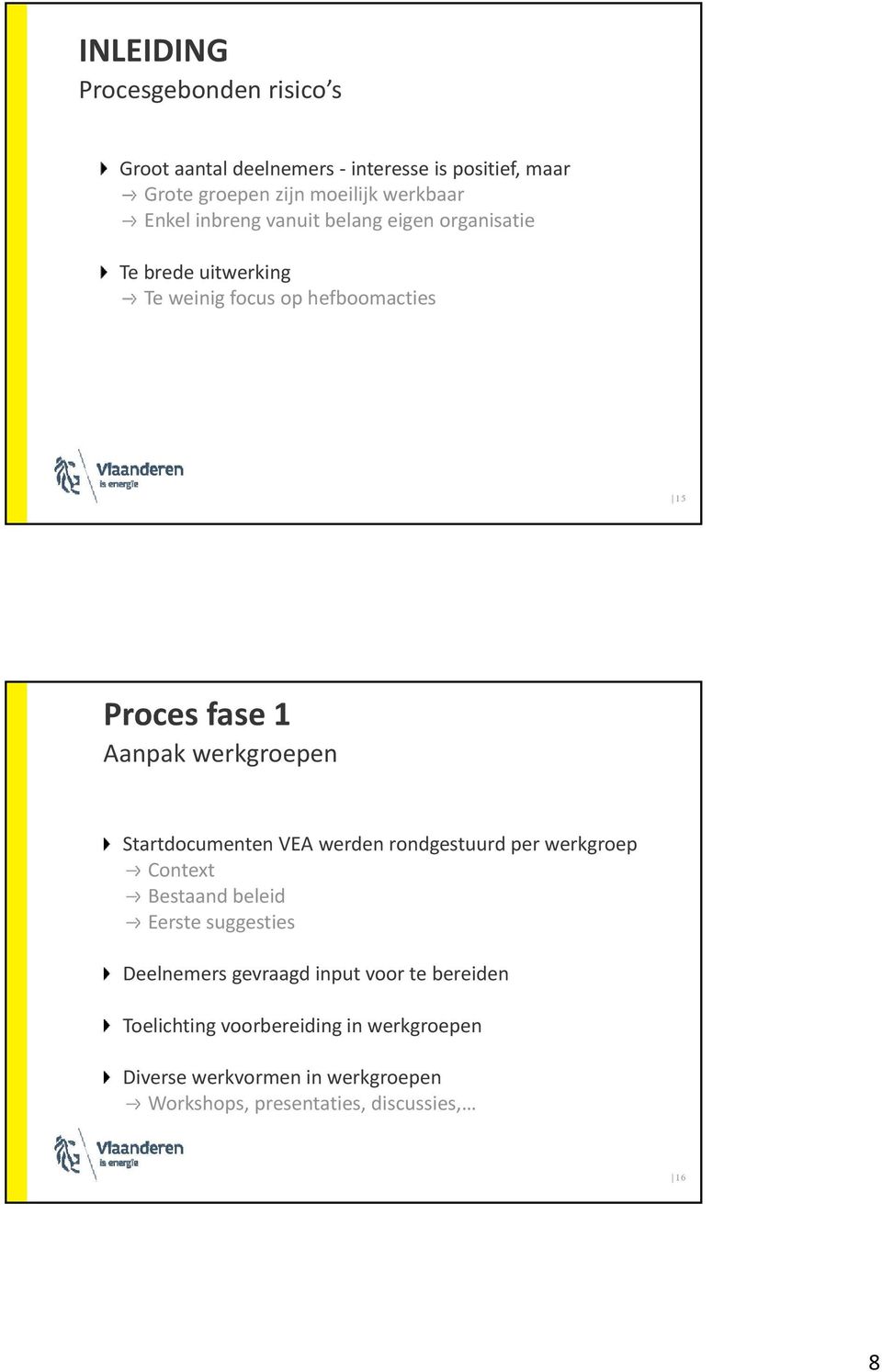 Startdocumenten VEA werden rondgestuurd per werkgroep Context Bestaand beleid Eerste suggesties Deelnemers gevraagd input voor