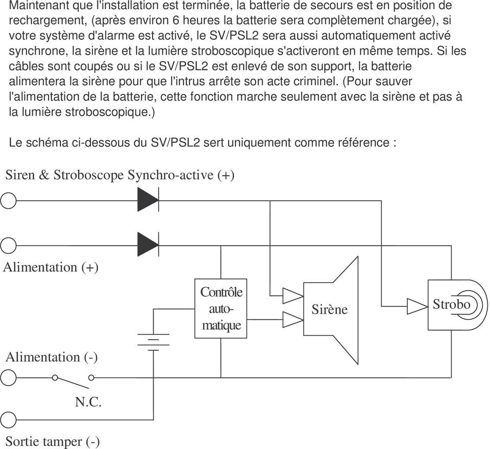 Si les câbles sont coupés ou si le SV/PSL2 est enlevé de son support, la batterie alimentera la sirène pour que l'intrus arrête son acte criminel.