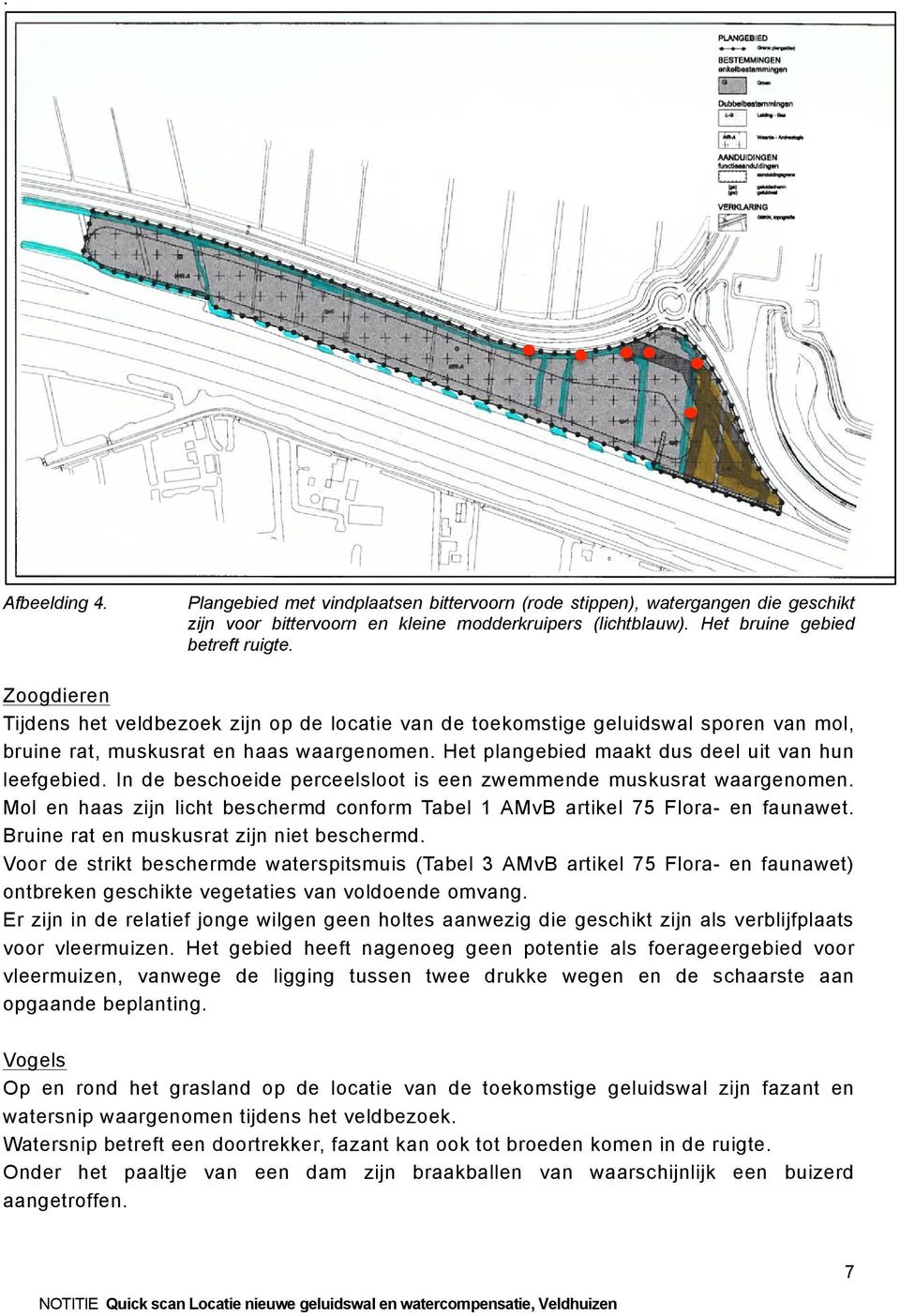 In de beschoeide perceelsloot is een zwemmende muskusrat waargenomen. Mol en haas zijn licht beschermd conform Tabel 1 AMvB artikel 75 Flora- en faunawet. Bruine rat en muskusrat zijn niet beschermd.