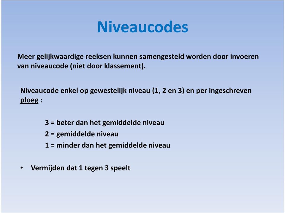 Niveaucode enkel op gewestelijk niveau (1, 2 en 3) en per ingeschreven ploeg: 3