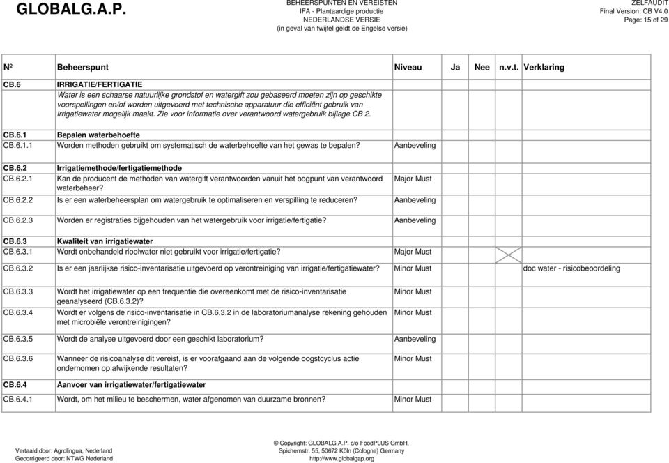 gebruik van irrigatiewater mogelijk maakt. Zie voor informatie over verantwoord watergebruik bijlage CB 2. CB.6.1 Bepalen waterbehoefte CB.6.1.1 Worden methoden gebruikt om systematisch de waterbehoefte van het gewas te bepalen?