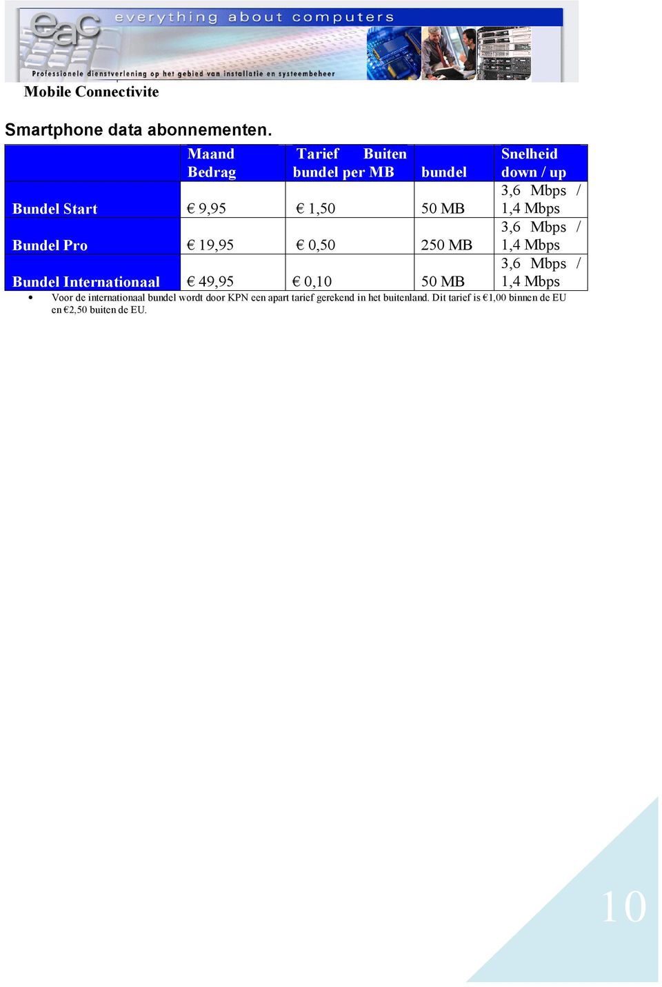 250 MB Bundel Internationaal 49,95 0,10 50 MB Snelheid down / up 3,6 Mbps / 1,4 Mbps 3,6 Mbps / 1,4