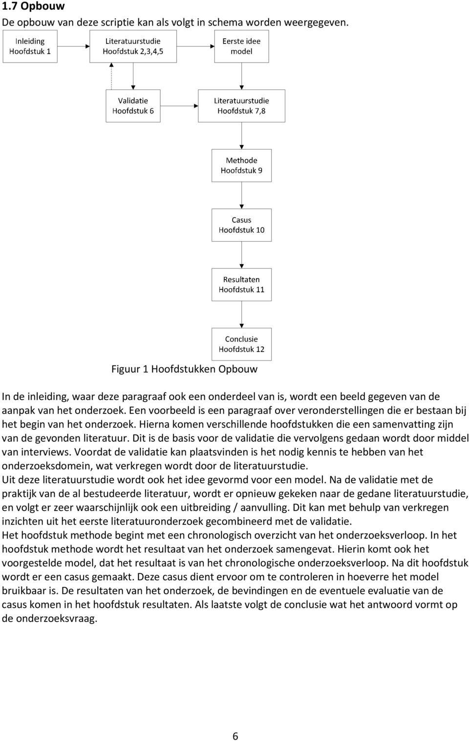 Een voorbeeld is een paragraaf over veronderstellingen die er bestaan bij het begin van het onderzoek. Hierna komen verschillende hoofdstukken die een samenvatting zijn van de gevonden literatuur.