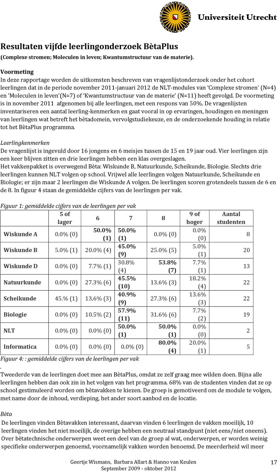 (N=4) en 'Moleculen in leven (N=7) of Kwantumstructuur van de materie (N=11) heeft gevolgd. De voormeting is in november 2011 afgenomen bij alle leerlingen, met een respons van 50%.