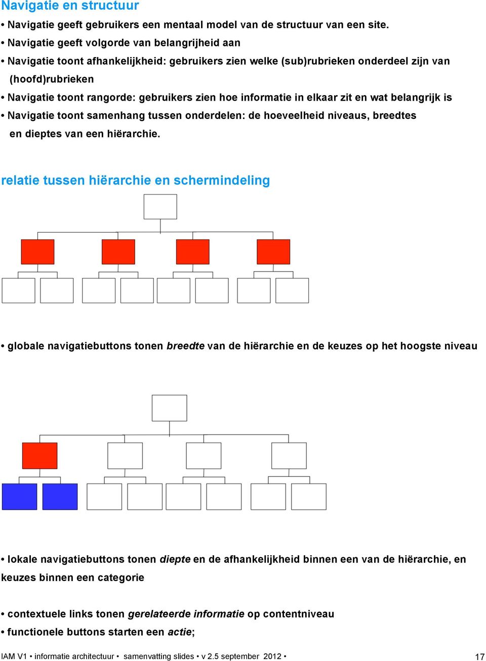 informatie in elkaar zit en wat belangrijk is Navigatie toont samenhang tussen onderdelen: de hoeveelheid niveaus, breedtes en dieptes van een hiërarchie.