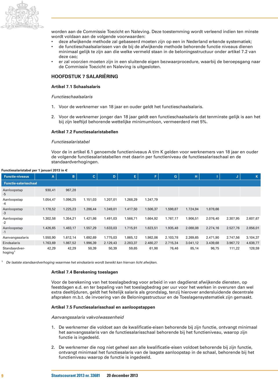 functieschaalsalarissen van de bij de afwijkende methode behorende functie niveaus dienen minimaal gelijk te zijn aan die welke vermeld staan in de beloningsstructuur onder artikel 7.