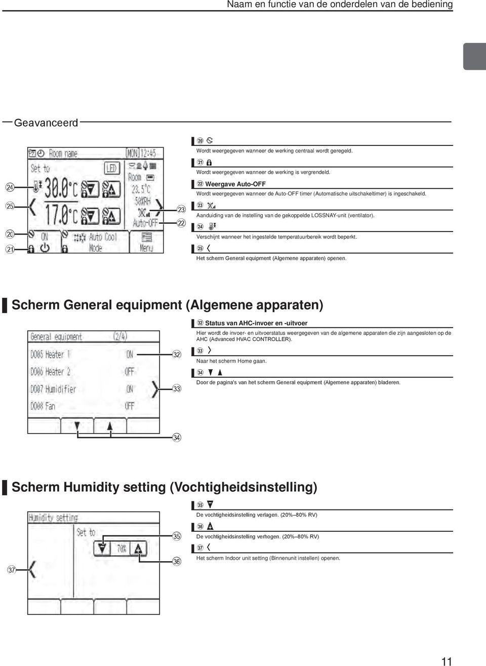 n Verschijnt wanneer het ingestelde temperatuurbereik wordt beperkt. o Het scherm General equipment (Algemene apparaten) openen.