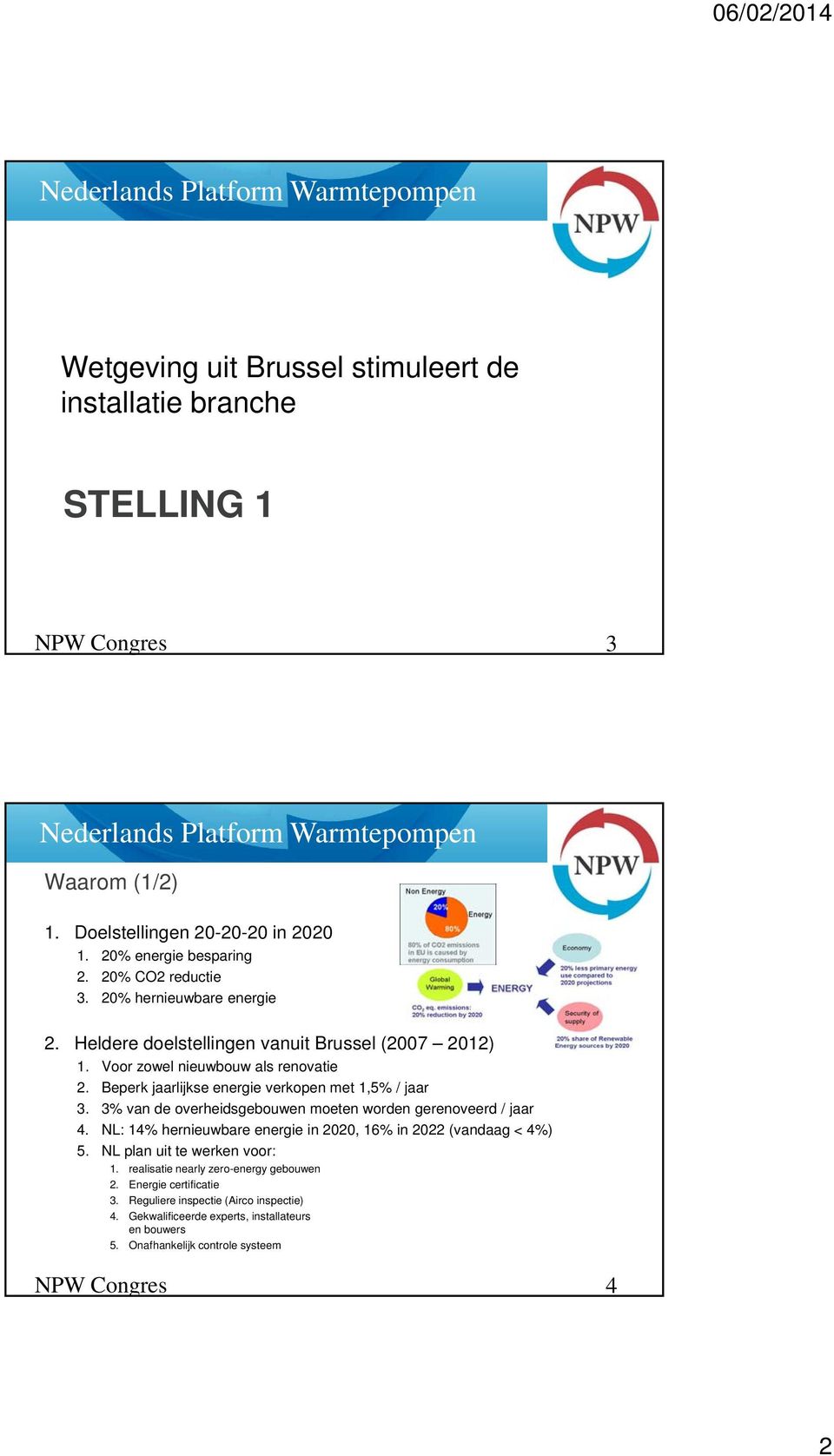 3% van de overheidsgebouwen moeten worden gerenoveerd / jaar 4. NL: 14% hernieuwbare energie in 2020, 16% in 2022 (vandaag < 4%) 5. NL plan uit te werken voor: 1.