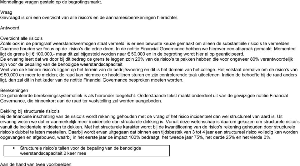 Daarmee houden we focus op de risico s die ertoe doen. In de notitie Financial Governance hebben we hierover een afspraak gemaakt. Momenteel ligt de grens bij 100.