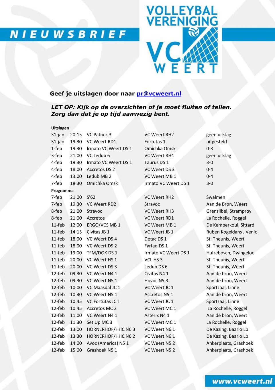 geen uitslag 4-feb 19:30 Irmato VC Weert DS 1 Taurus DS 1 3-0 4-feb 18:00 Accretos DS 2 VC Weert DS 3 0-4 4-feb 13:00 Ledub MB 2 VC Weert MB 1 0-4 7-feb 18:30 Omichka Omsk Irmato VC Weert DS 1 3-0