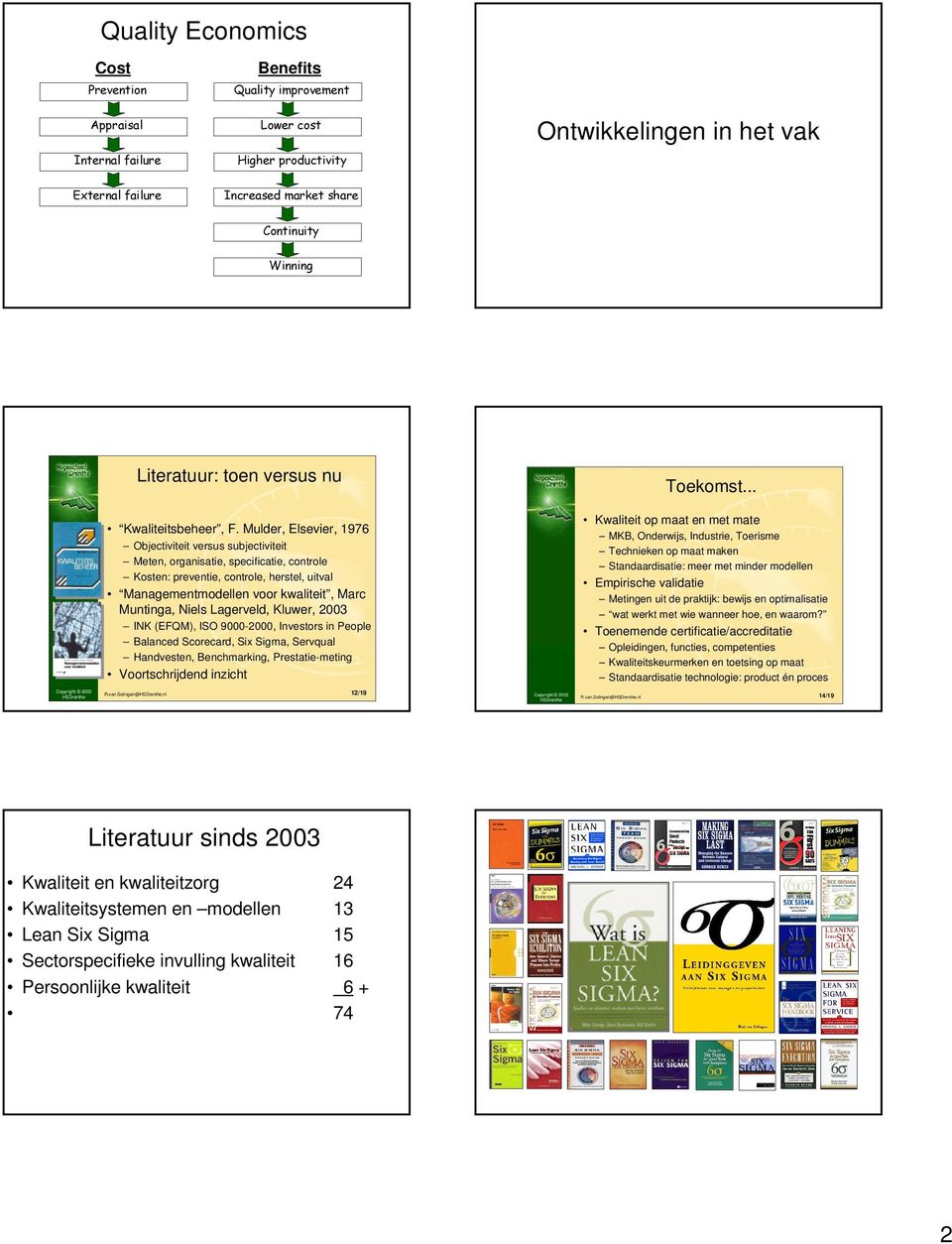 Mulder, Elsevier, 1976 Objectiviteit versus subjectiviteit Meten, organisatie, specificatie, controle Kosten: preventie, controle, herstel, uitval Managementmodellen voor kwaliteit, Marc Muntinga,