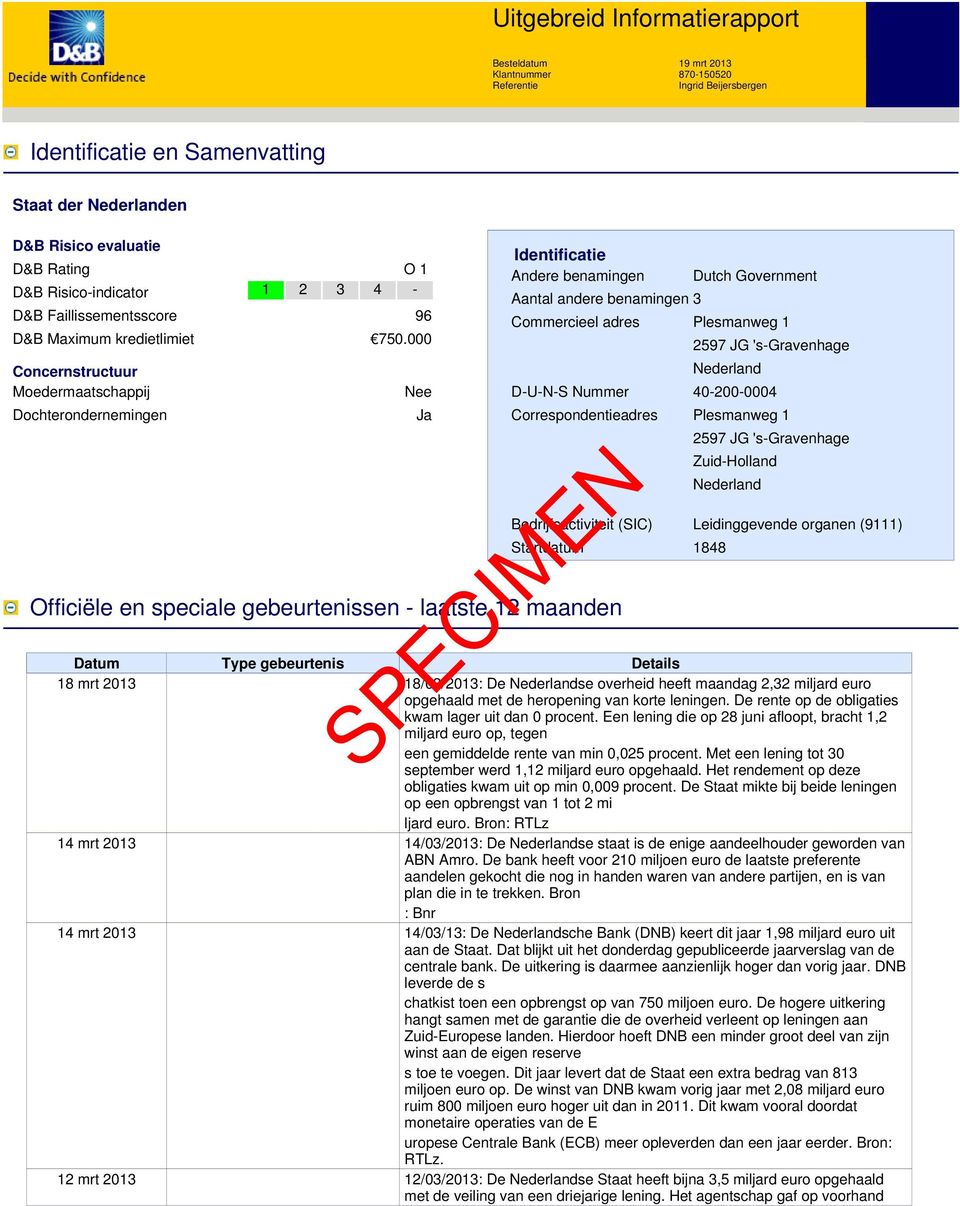 000 Concernstructuur Moedermaatschappij Dochterondernemingen Nee Ja Identificatie Andere benamingen Aantal andere benamingen 3 Dutch Government Commercieel adres Plesmanweg 1 2597 JG 's-gravenhage